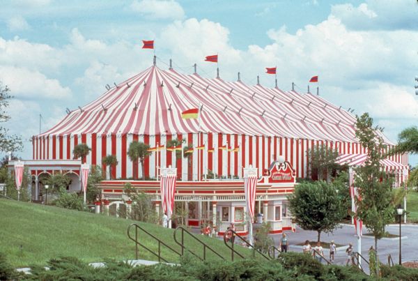View of big tent at Circus World Theme Park. Keep reading to learn about the history of Boardwalk and Baseball theme park.