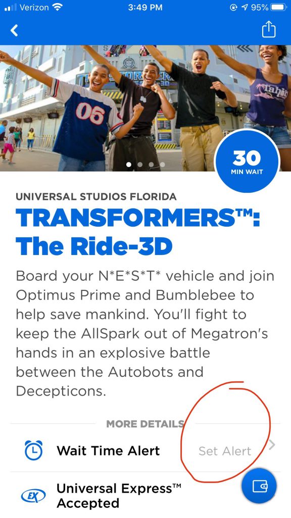 Universal App Wait Time Alert for Transformers the Ride 3D