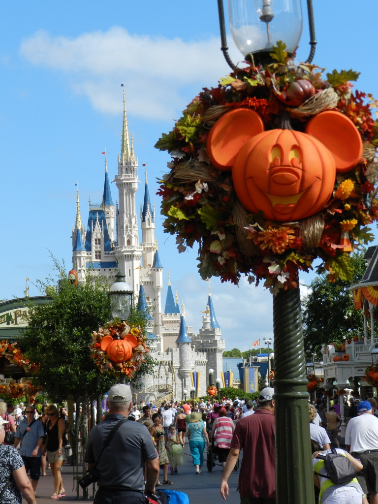 Fall at Disney World with Mickey face pumpkins.