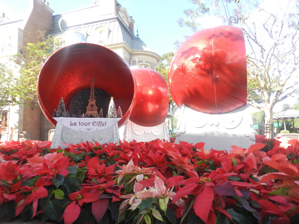 Giant Red Christmas Bulbs at Epcot France Pavilion