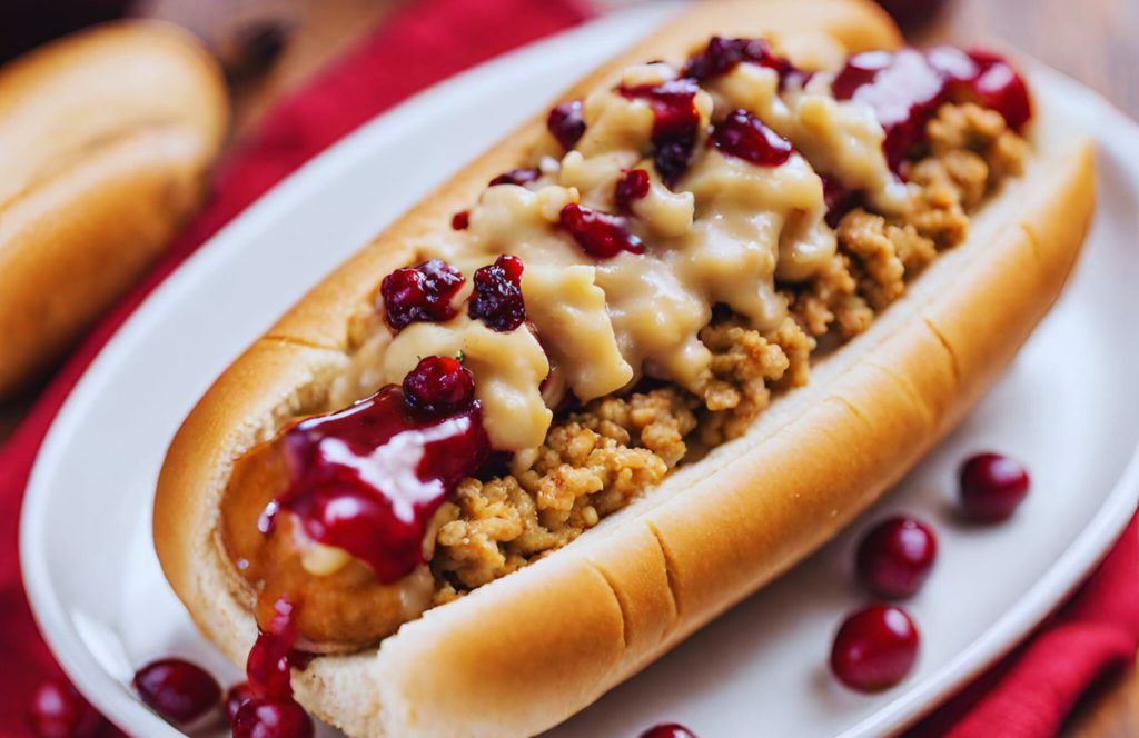 Turkey Dog, Stuffing, Cranberry Relish at Busch Gardens Tampa Christmas Food. One of the best things to eat at Christmas Town.