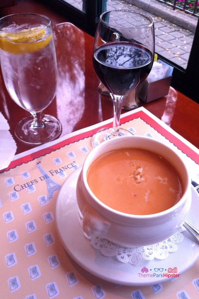 Creamy Lobster Bisque and Red Wine at Chefs de France at Epcot in Disney World