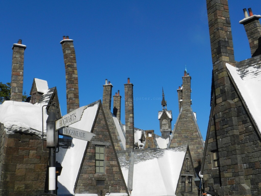 Breathtaking scene of Hogsmeade Village with snow top buildings to end an excellent day at Wizarding World of Harry Potter Celebration.
