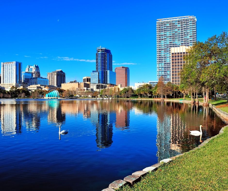 Lake Eola in Downtown Orlando with high rise building and white swans floating.
