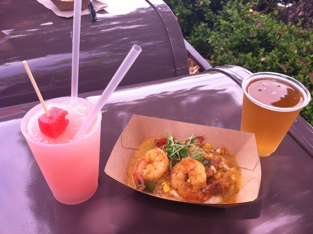 Epcot Flower and Garden Festival Shrimp and Stone Ground Grits with Andouille Sausage, Sweet Corn, Tomatoes, and Cilantro. Beverages: Watermelon Passion Fruit Slush and Florida Avenue Blueberry-Cold Storage Craft Brewery. Keep reading to get the best things to do at Epcot Flower and Garden Festival.