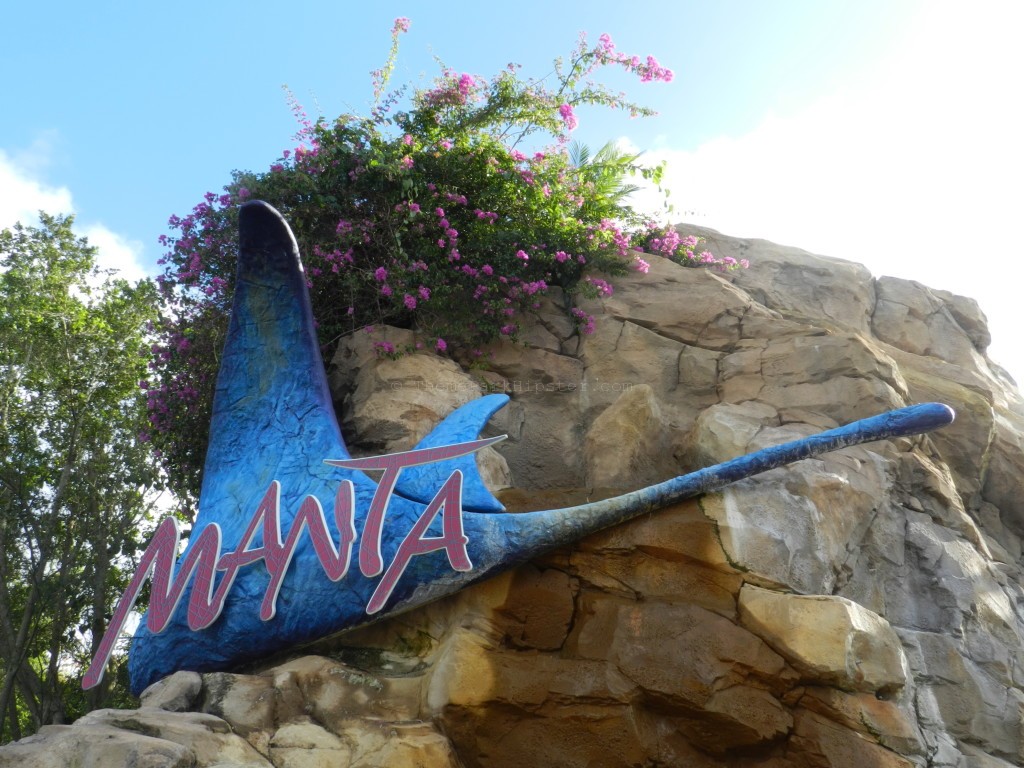 SeaWorld Orlando Manta blue flying roller coaster entrance.