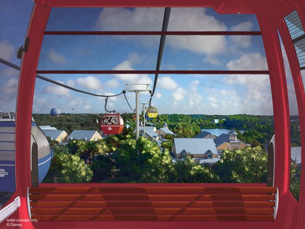 Epcot Red Skyliner High in the sky overlooking the park.