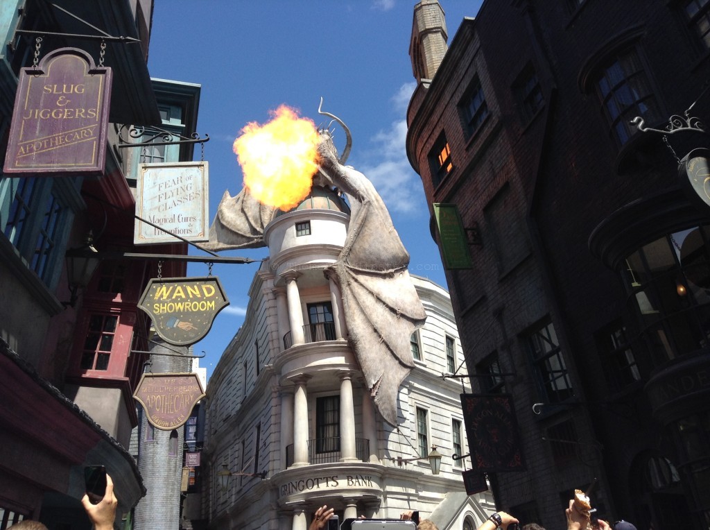 Diagon Alley Firebreathing dragon in the Wizarding World of Harry Potter at Universal Orlando Resort. Keep reading to get the best Universal Studios photos. Photo copyright ThemeParkHipster.