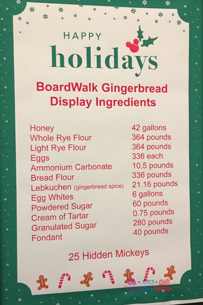 BoardWalk Gingerbread Display Ingredients at Walt Disney World Honey Flour Eggs Sugar Fondant. Keep reading to learn about the Disney World Gingerbread house display on Theme Park Hipster!
