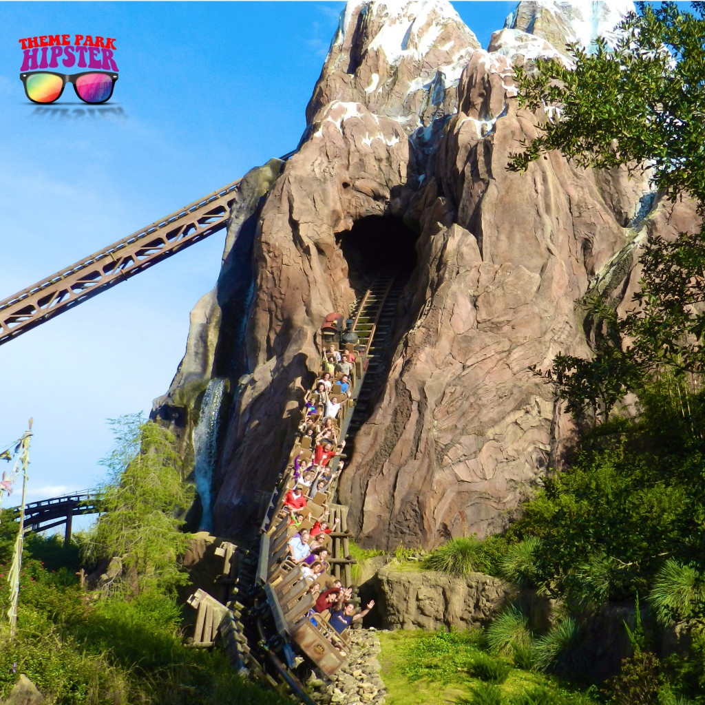 Expedition Everest at Disney's Animal Kingdom with riders going down the mountain. One of the fastest rides at Disney World.