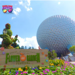 Epcot Flower & Garden Festival with topiary Pluto and Daisy Duck in front of Spaceship Earth