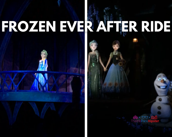 Frozen Ride at Epcot with Ana and Elsa in their summer outfits next to Olaf in Disney World