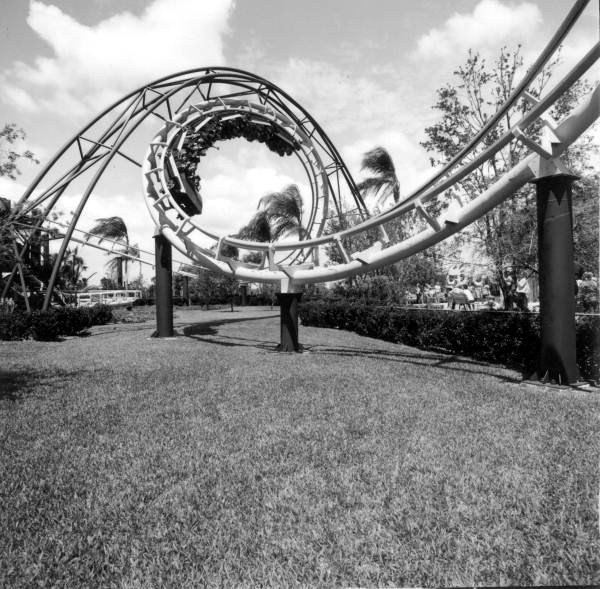 Black and white photo of Python Busch Gardens Tampa Roller Coaster 1976