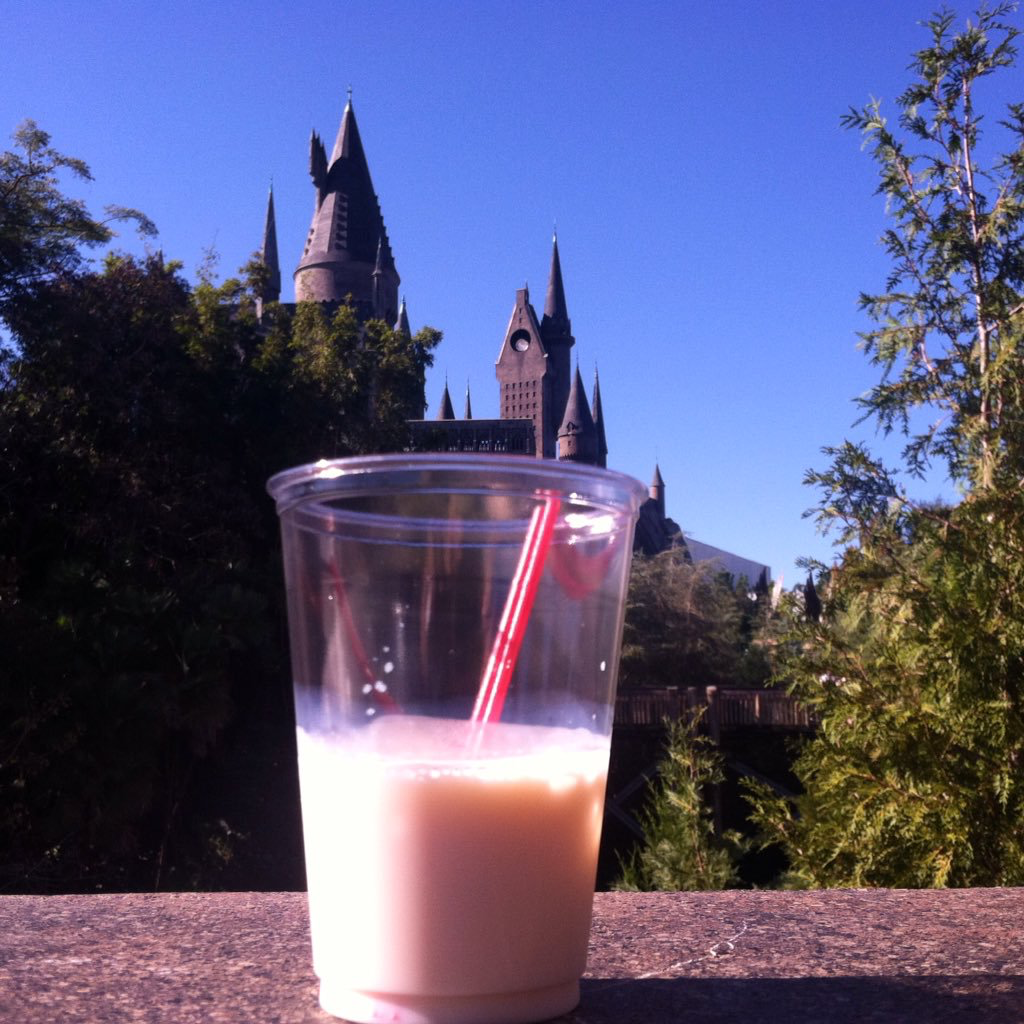 White Cinnamon Toast Crunch beverage Cocktail at Hogsheads with Hogwarts in the back ground. Top reason to visit theme parks alone. Keep reading to learn about going to theme parks alone and solo travel in Florida.