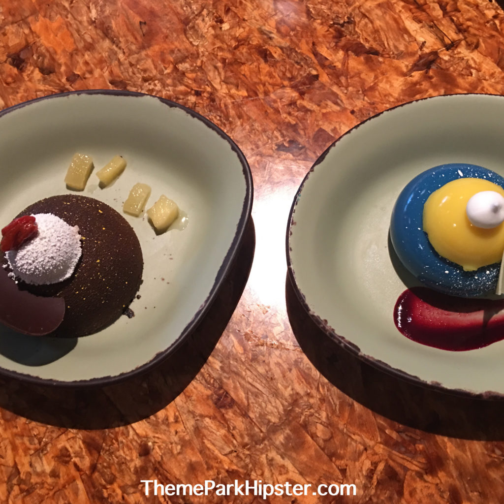 Pandora Desserts a Blueberry cream cheese mousse  and The Chocolate Cake with a Crunchy Cookie Layer and Banana Cream Topping at Disney.