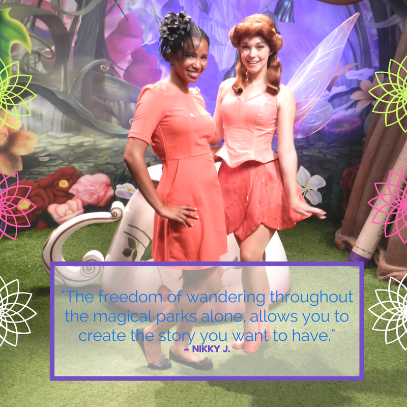 NikkyJ with Tinker Bell Fairy Friend at the Magic Kingdom Theme Park Therapy. Solo Travel Quotes Disney World Characters