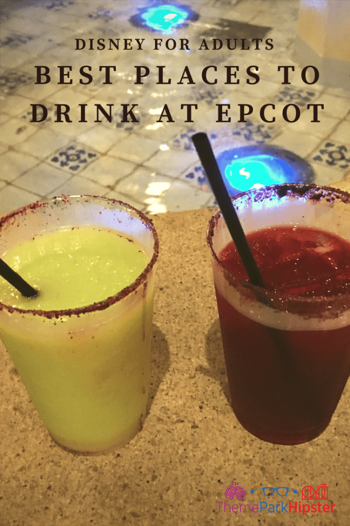 Green avocado margarita with salt around the rim. Where to find the best drinks at Epcot? Keeping reading to learn about doing Epcot for adults and Disney for grown-ups.