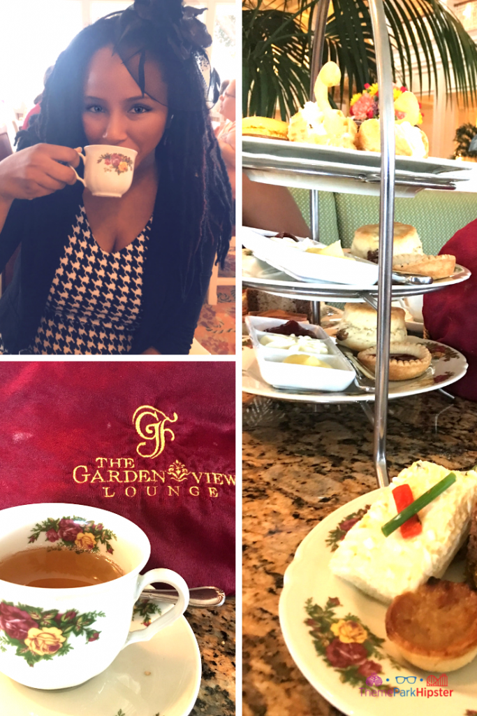 Garden View Tea Room Disney Grand Floridian. Sweet scones, warm tea, and bite-size cream sandwiches. One of the best Disney World date night ideas for couples.