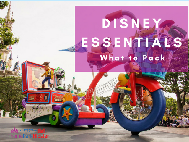 What to pack for disney with large Toy Story big wheel in Disney parade. Disney World packing list.