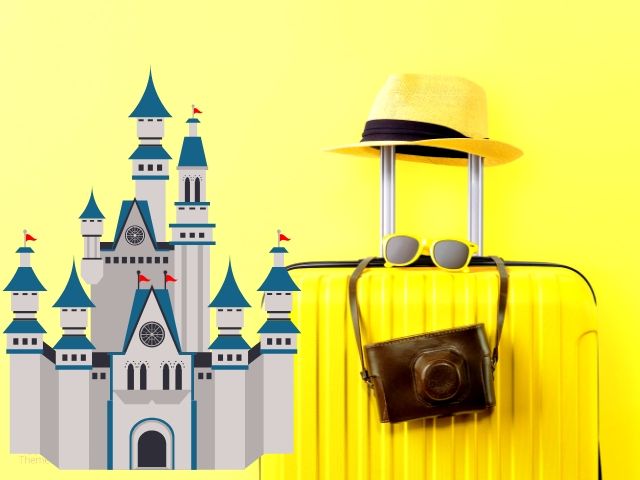 Disney World Packing List with yellow suitcase and hat on top next to Cinderella Castle.