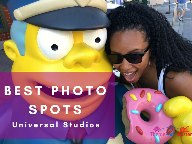 Best places to take pics at universal studios with nikkyj with chief wigum eating big pink doughnut in springfield usa