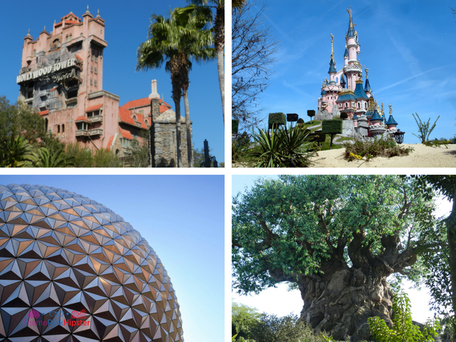 Where are all disney parks located with castle, epcot ball, hollywood tower hotel, and tree of life at animal kingdom.