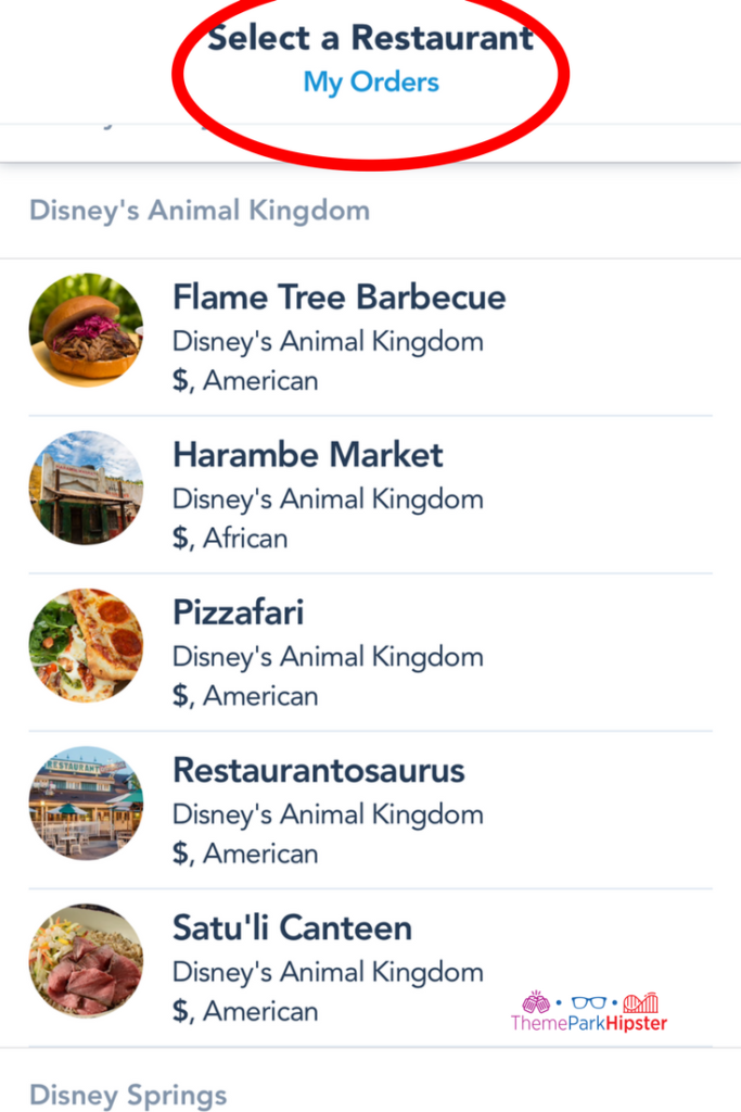 Disney mobile ordering step of selecting a restaurant. 