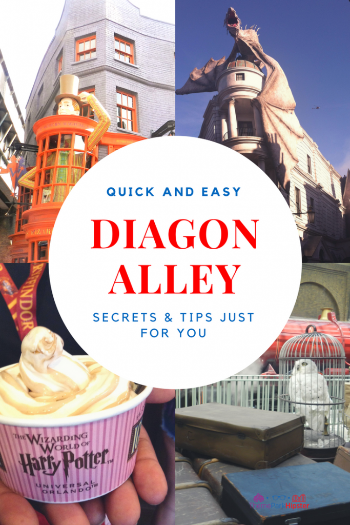 Diagon Alley secrets and tips with dragon, ice-cream, and harry potter owl at Universal Studios