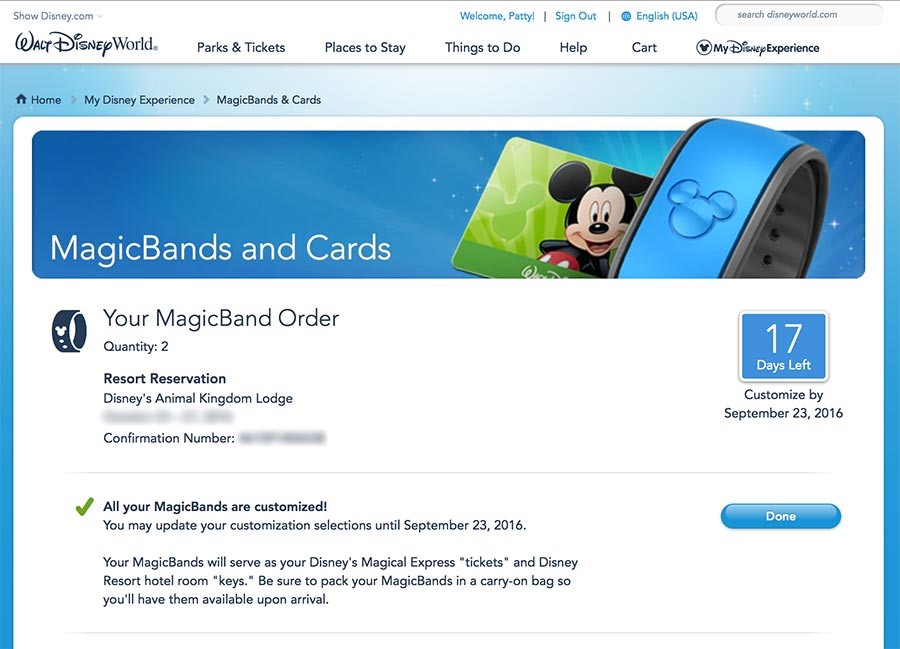 Disney MagicBand 2 Confirmation Order Screen.