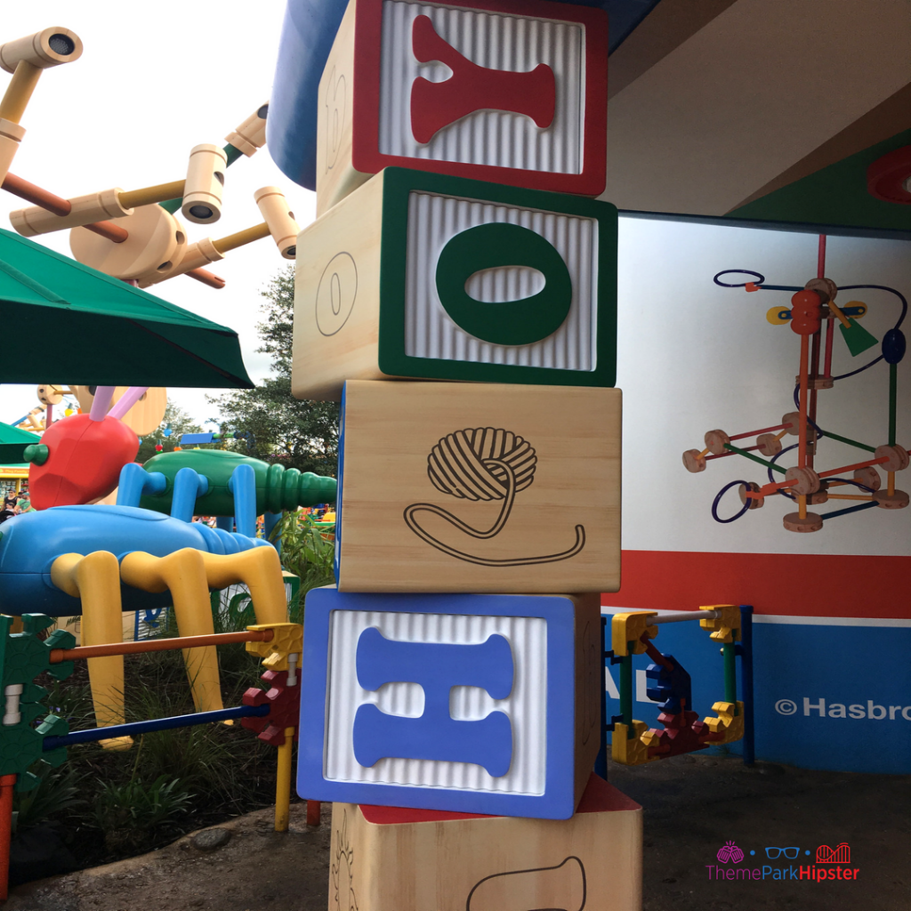 Toy Story Land Colorful Toy Blocks near restroom.