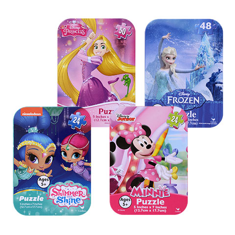 Blue Frozen and Pink Minnie Mouse puzzles you could buy for your next Walt Disney World vacation from Dollar Tree.