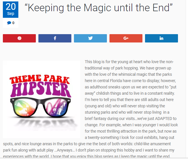 Disney Travel Blog. ThemeParkHipster first blog post screenshot. Keep reading to learn how to start a Disney Blog and a Theme Park Blog.