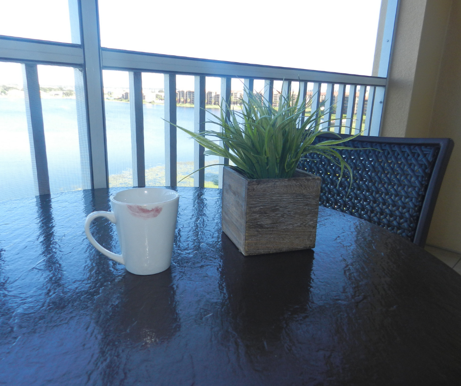 Westgate Lakes Resort Villa Orlando. Balcony with view of Big Sand Lake and nice cup of coffee.