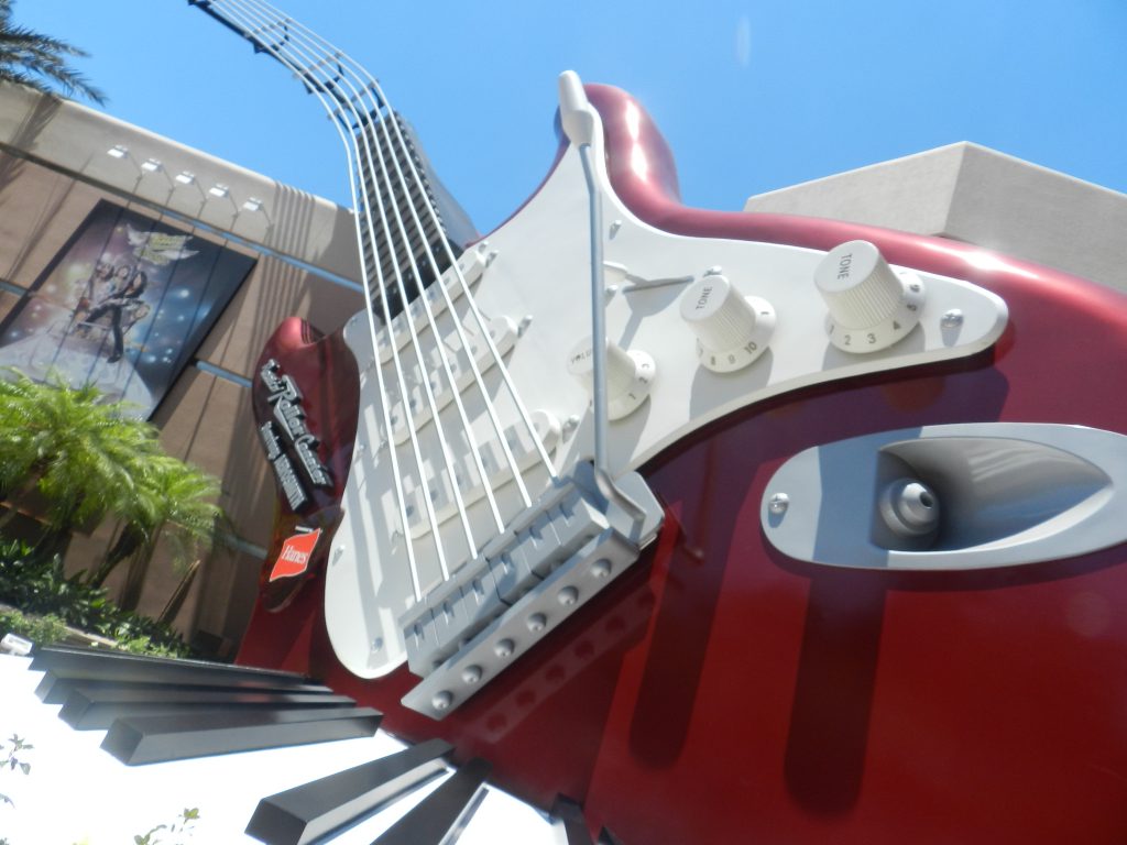 Hollywood Studios Aerosmith Roller Coaster with large red and white guitar. Keep reading to get the full guide on the best Single Rider Lines at Disney World.