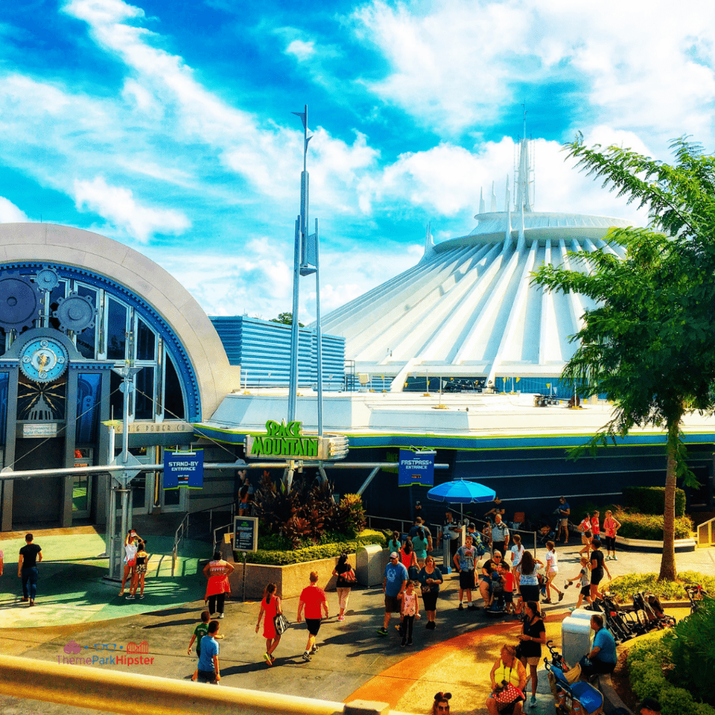Tomorrowland with white Space Mountain attraction. Magic Kingdom Secrets one of the fastest rides at Disney World