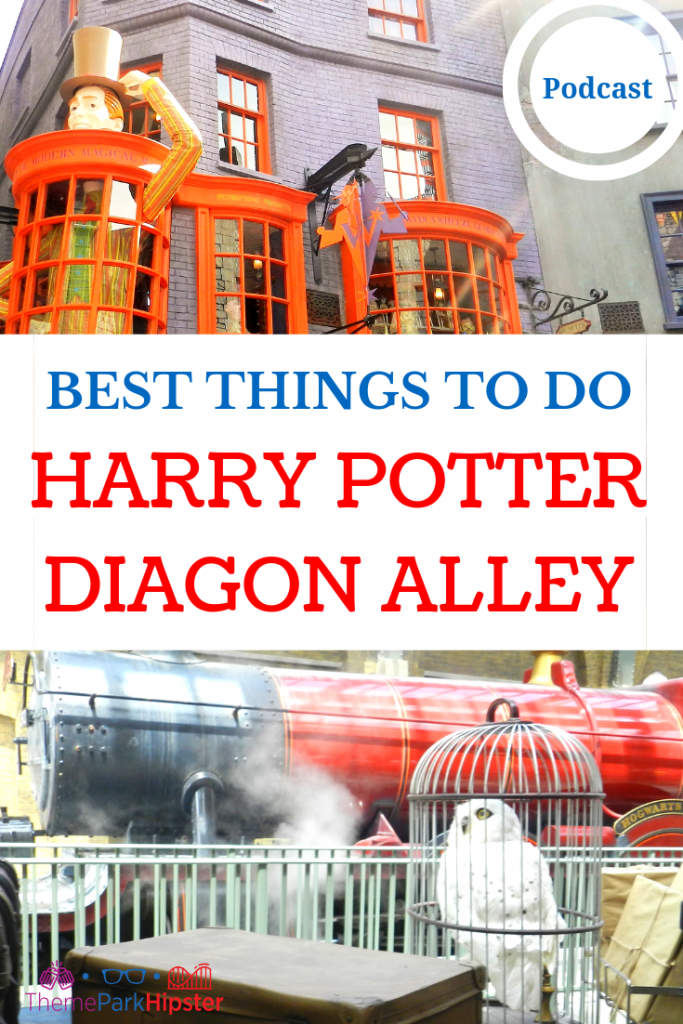 BEST THINGS TO DO IN DIAGON ALLEY UNIVERSAL HARRY POTTER WORLD with white owl and red Hogwarts train.