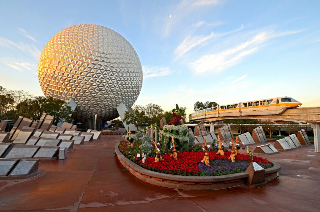 Epcot Food and Wine Festival with Mickey Mouse in front of Space Earth Globe