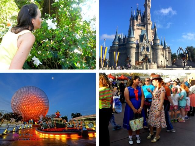 Dapper Day Disney World Magic Kingdom with woman smelling white flowers