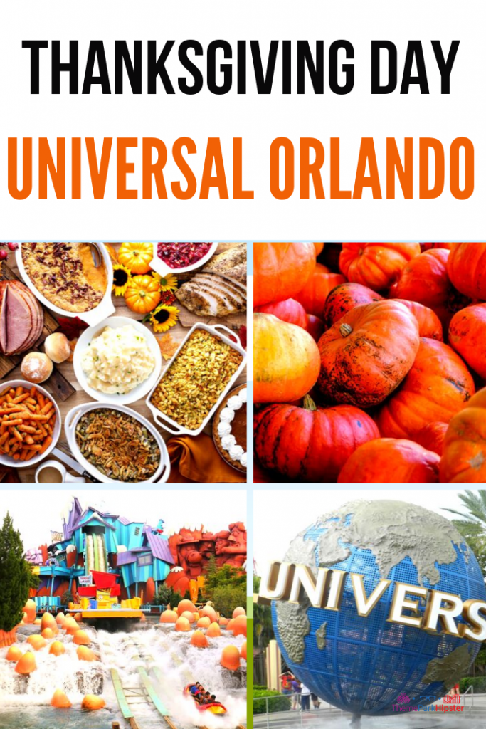 2023 Guide to Thanksgiving Day at Universal Orlando Resort. Universal Studios and Islands of Adventure Entrances with Pumpkins.