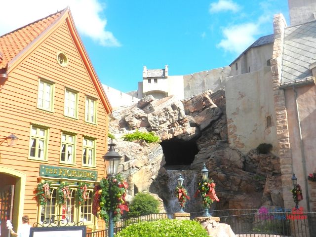 Norway Pavilion at Epcot Maelstrom Ride Opening Where Boat Goes Backwards with Traditional Building Architecture Surrounding