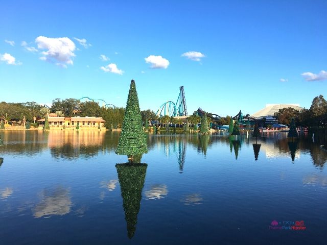 SeaWorld Christmas Celebration Sea of Trees with Mako Purple Roller Coasters in background