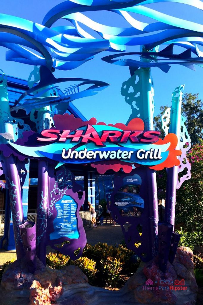 Sharks Underwater Grill in SeaWorld Orlando Sign. Keep reading for the best things to do at SeaWorld.