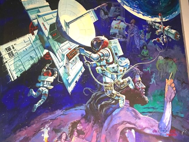 Spaceship Earth at Epcot Entrance Evolution of Mankind Painting. 