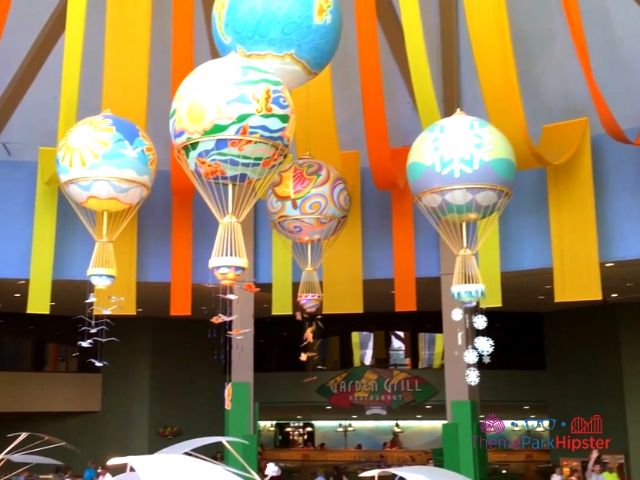 Soarin Around the World Land Pavilion with Air balloons representing the 4 seasons 