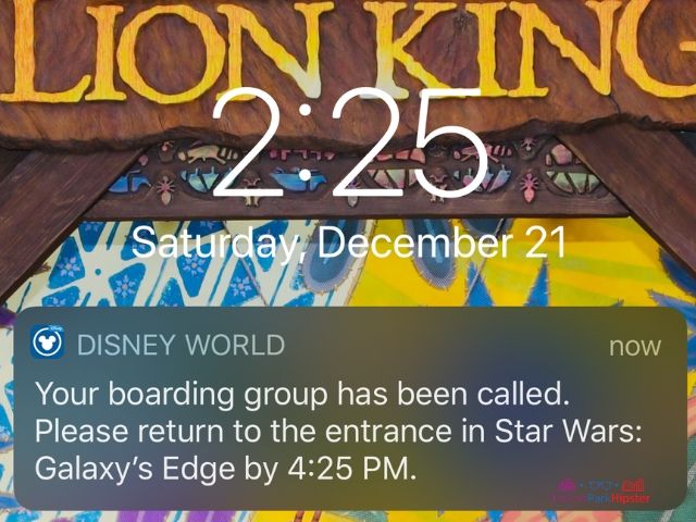 Star Wars Rise of the Resistance Boarding Pass Number Called. Alert sent to phone.