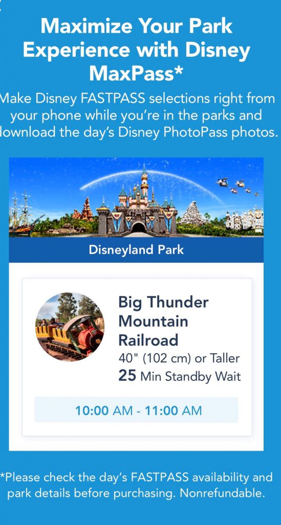 Disneyland MaxPass Ride Wait Times in App.