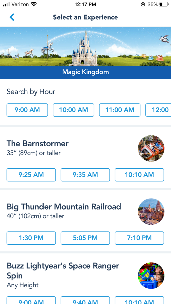Magic Kingdom FastPass Tiers on myDisney Experience App