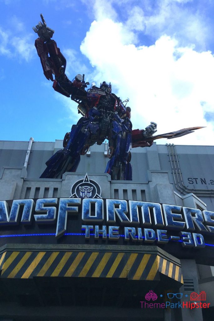 Transformers The Ride 3D at Universal Studios Orlando with Optimus Prime on the Building. one of the best rides at Universal Studios Florida