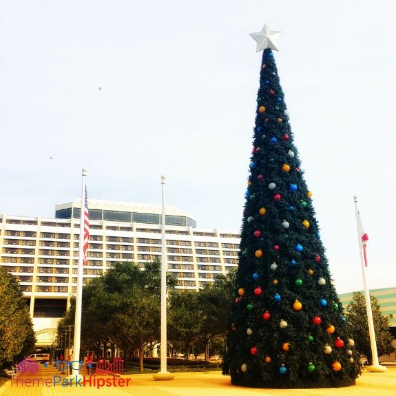 Disney Contemporary Resort with giant Christmas Tree in the front. Disney monorail resorts to stay at.