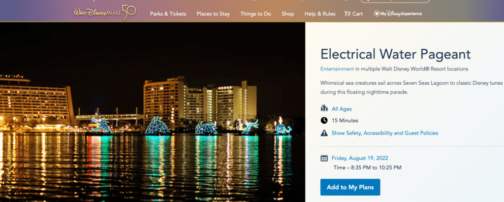 Screen Shot of Disney Electric Water Pageant Schedule